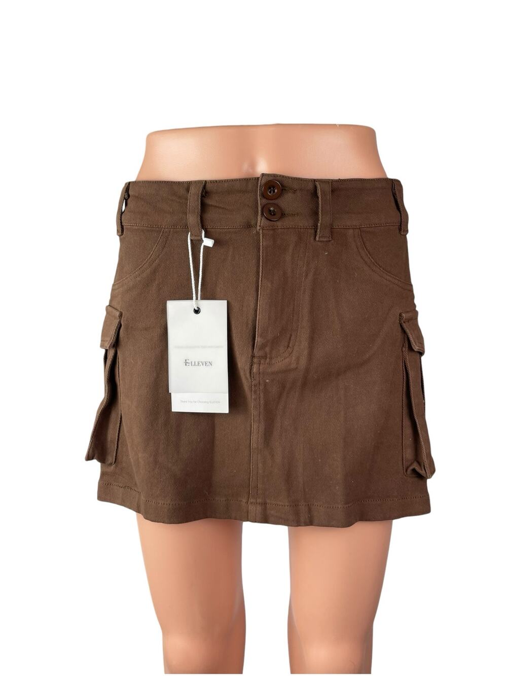 NEW Elleven Women's Brown High Waisted Cargo Utility Mini A Line Skirt Size XL